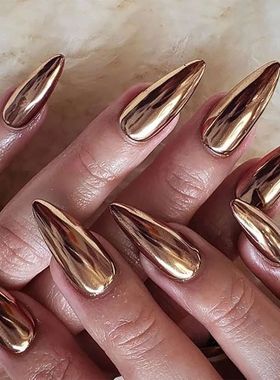 24pc/set Medium almond fake nails metallic mirror red black