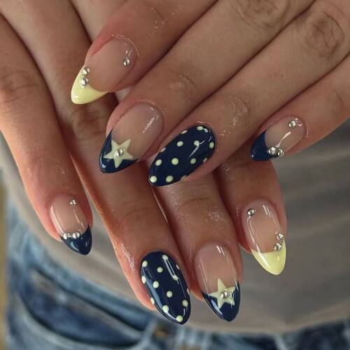 24Pcs Blue Almond False Nails Yellow French Press On Nails F