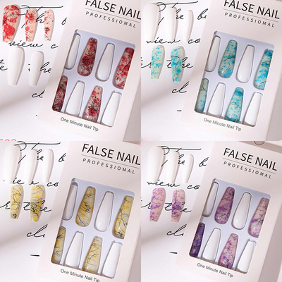 24pcs/box Fake Nails with Glue Black Drawing Designed Elegan