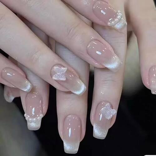 10pcs Pink Butterfly Press on Nails Cat Eyes Blush Fake Nail