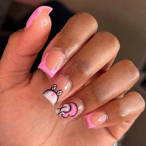 24pcs Short Square French Pink Cartoon Snail False Nails  Fu
