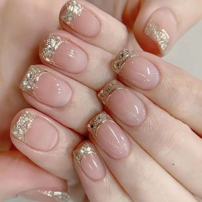 24Pcs Glitter French Press on Nails Short Square Acrylic Fal