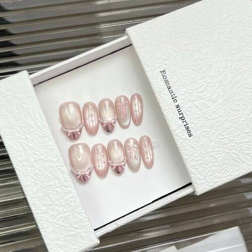 10pcs Handmade Sweet Bow Press on Nails Glass Bead Cat Eyes