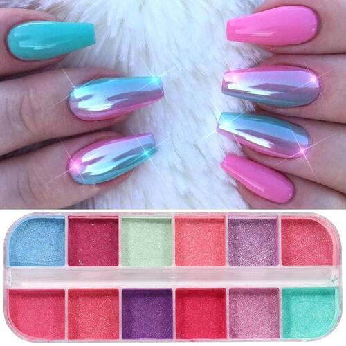 12Grids Colorful Mirror Nail Glitter Shimmer Mermaid Pearl P