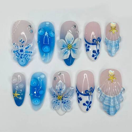 24PCS Blue Gradient French False Nails 3D Flowers Shell with