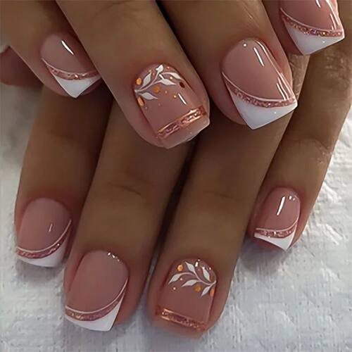 24Pcs Short Square Head Press on Fake Nails Simple French Fa