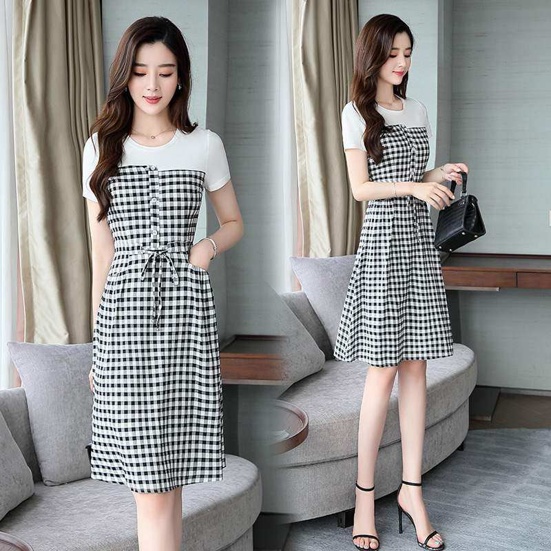 气质格子拼接假两件连衣裙学院风青春休闲清新百搭学生裙