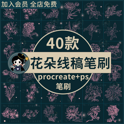 procreate笔刷ps笔刷牡丹康乃馨兰花牵牛花杜鹃花朵花卉线稿笔刷