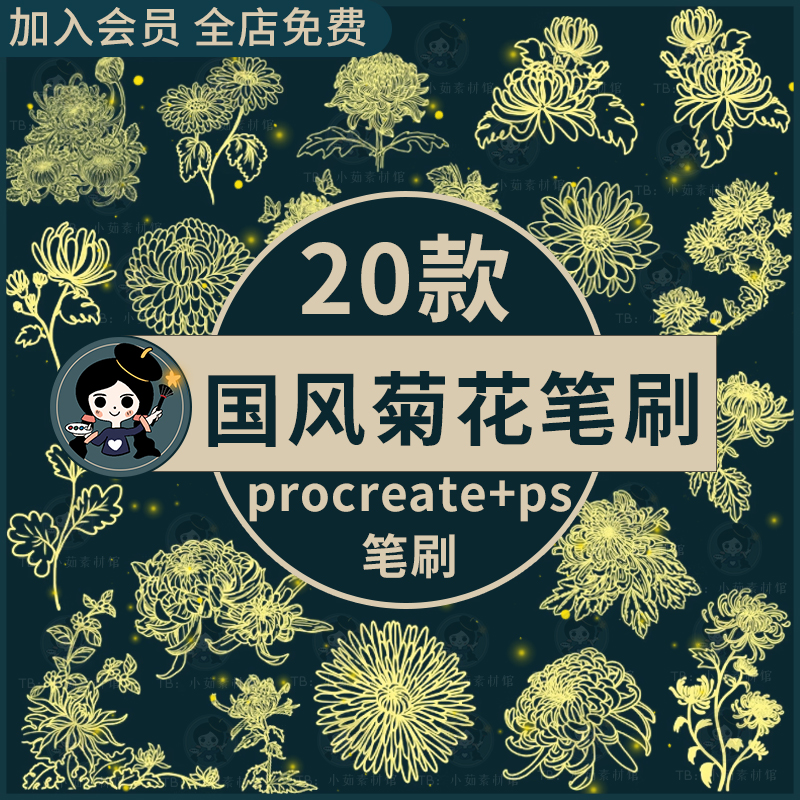 国风菊花花朵花卉植物鲜花国画装饰插画线稿procreate笔刷ps笔刷 商务/设计服务 样图/效果图销售 原图主图