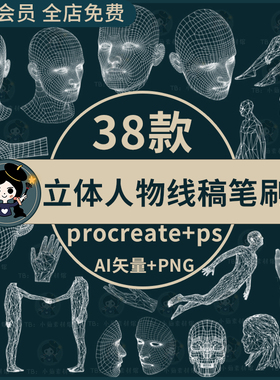 抽象未来科技3D立体人物线稿脸部手部网状辅助线procreate+ps笔刷