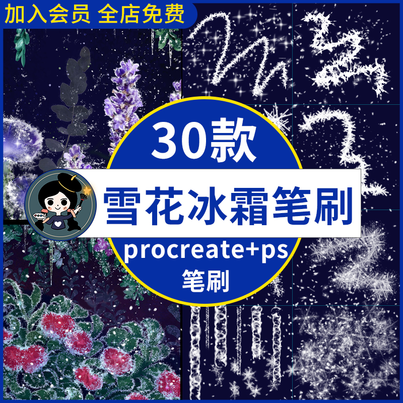 procreate笔刷ps笔刷冬季雪花冰霜积雪飘雪冰柱结冰装饰冰晶下雪