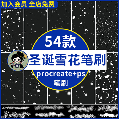 冬季圣诞雪花特效雪堆积雪下雪飘雪冰晶冰霜雪景ps+procreate笔刷
