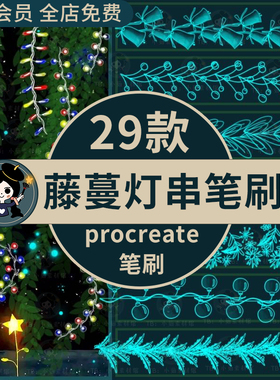 procreate笔刷藤蔓绿色植物树叶藤叶灯串小彩灯装饰插画ipad手绘