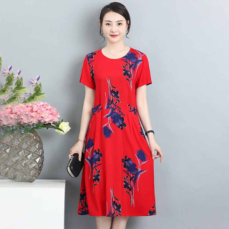 夏季新款棉绸连衣裙大码女装中长款气质妈妈时尚中老年人造棉裙子