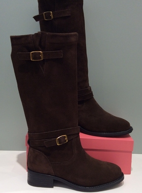 哈森HARSON正品2025冬季新款中跟防滑皮带扣真皮高筒女靴HA252506