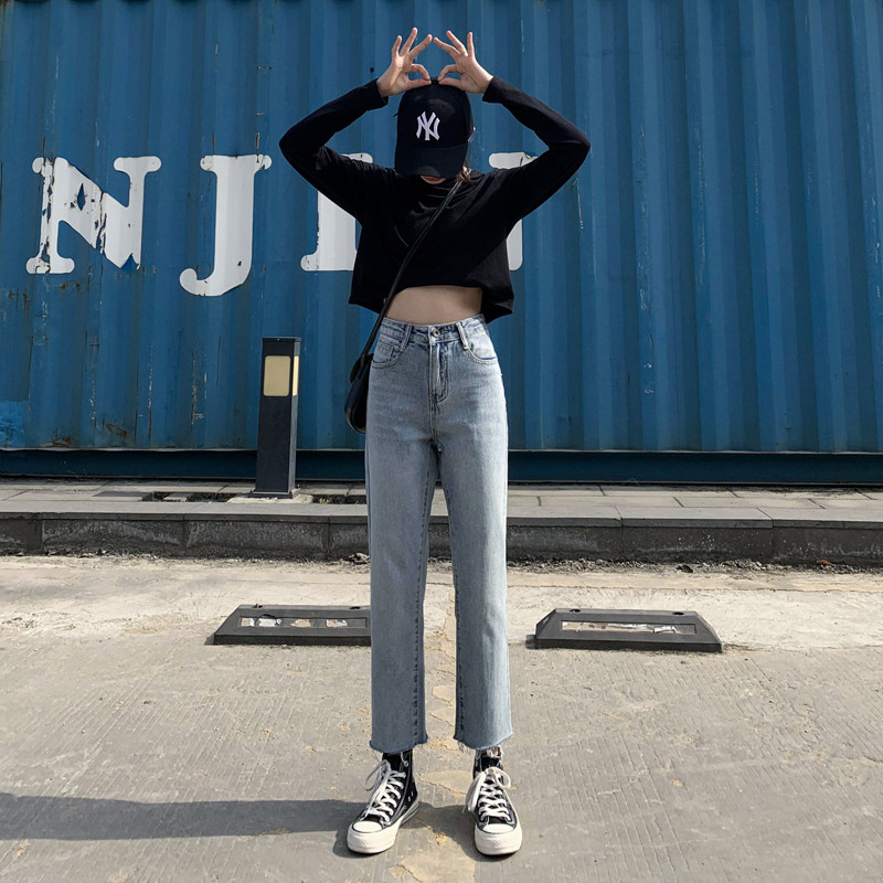 高腰九分直筒牛仔裤女宽松破洞2020新款秋季阔腿裤子显瘦百搭八分