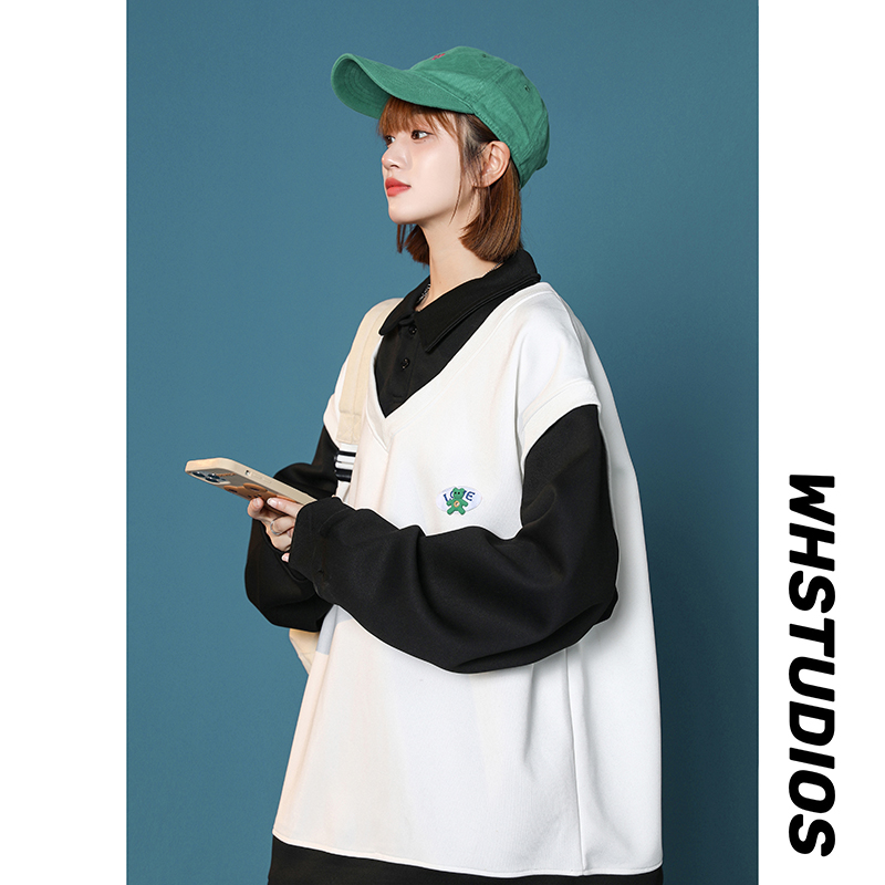 2024年秋季奶系色假两件拼接设计感POLO衫卫衣XZ415-WY21-P45，男装卫衣，星座416