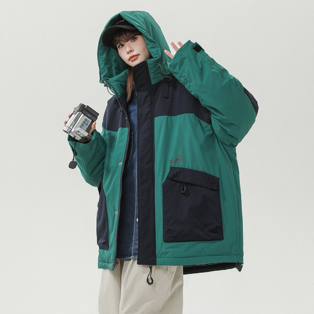 2024年冬季工装美式复古连帽拼色白鸭绒羽绒服XZ415-YR2007-P268,男装羽绒服,星座416