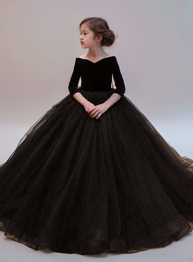 外贸女童表演蓬蓬纱裙黑色模特走秀钢琴晚礼服公主裙主持人秋冬裙