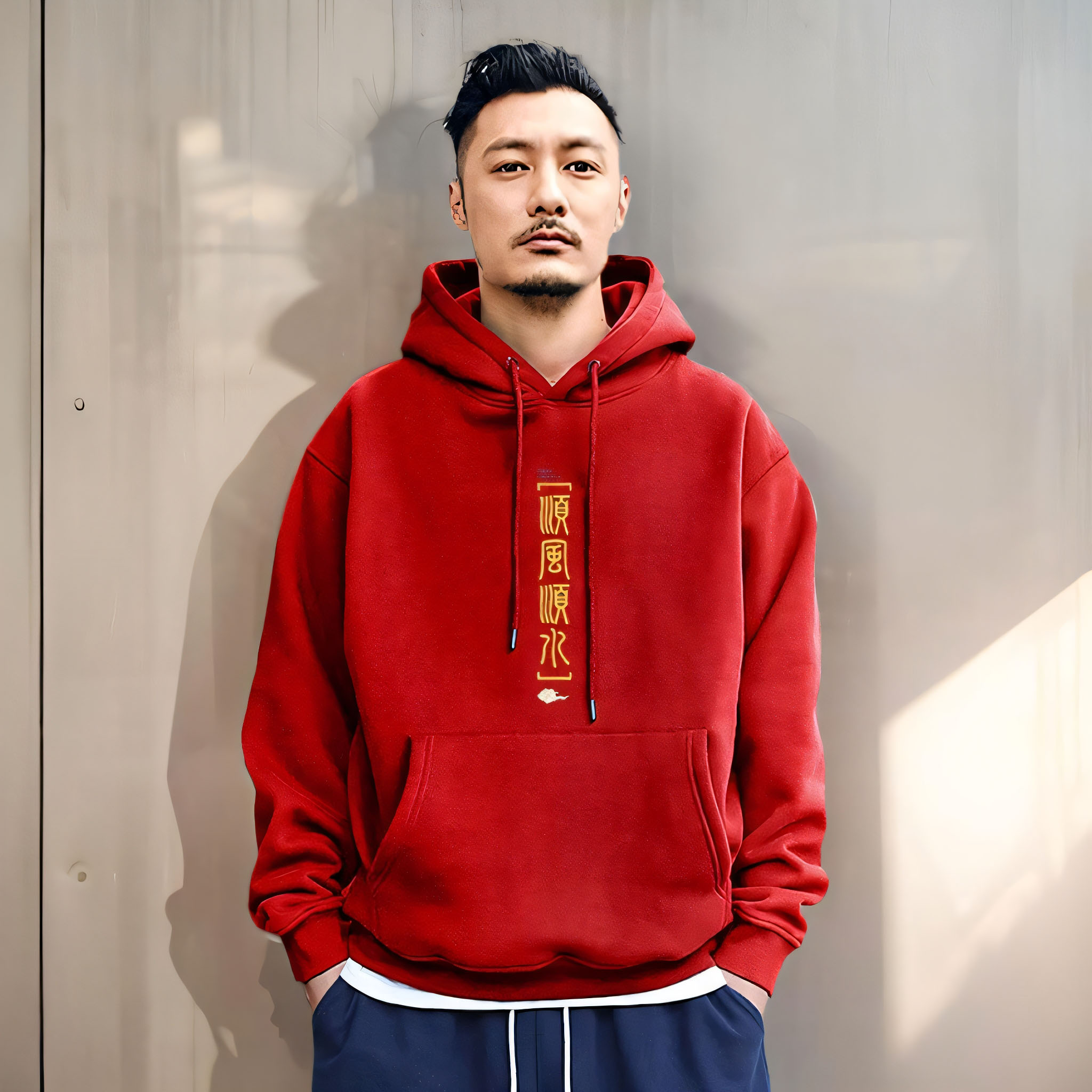 香港潮牌余文乐连帽卫衣新款宽松印花休闲上衣秋冬红色加绒外套男