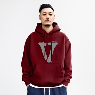 美式潮牌酒红色连帽卫衣男ins马年秋冬季加绒余文乐复古重磅外套