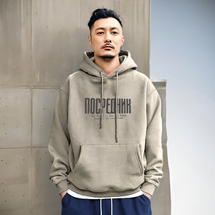 余文乐潮牌美式 简约宽松加绒外套男 重磅红色连帽卫衣440克情侣装