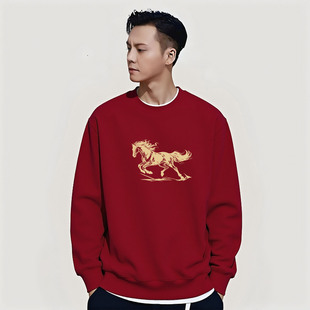 2026秋冬新款马年酒红色卫衣男士圆领加绒长袖国潮本命年上衣外套