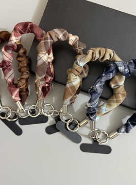 GIF欧美英伦风格子纹褶皱手机壳挂绳ins挂链手腕带挂饰通用手绳