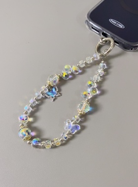 轻奢ins蓝蝴蝶吊坠水晶串珠手提链条手机壳手腕韩风小众手链女款