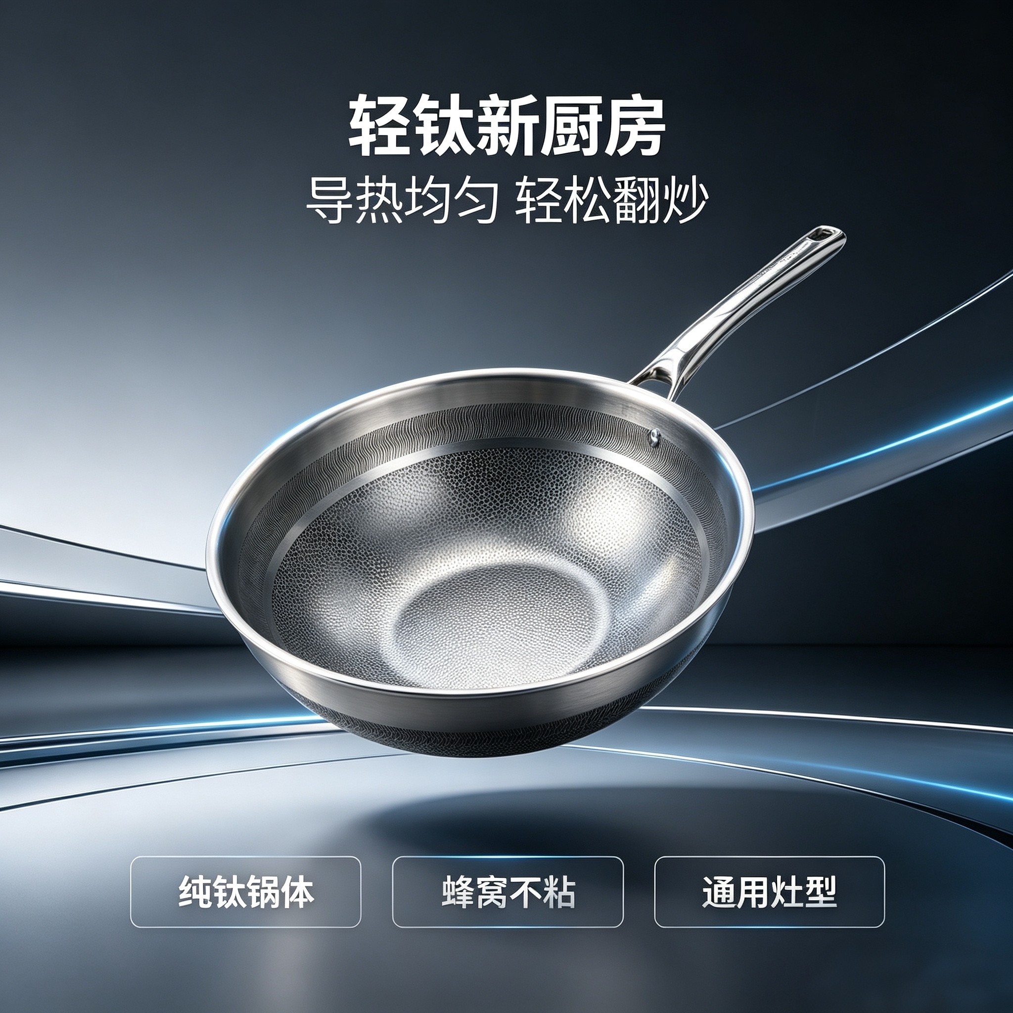 德国钛盾纯钛蜂窝炒锅无涂层不粘锅家用带蒸格燃气电磁炉通用