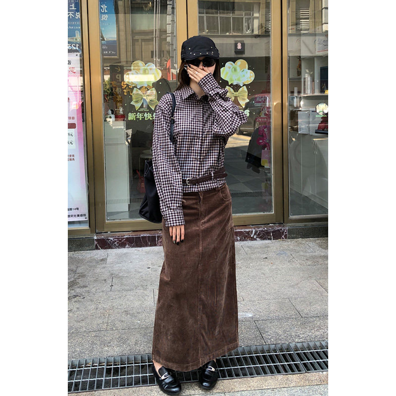 西九秋季新品复古格子衬衣polo领宽松长袖美拉德配腰带