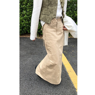 西九春秋新品 花朵腰带半身裙包臀一步裙显瘦百搭牛仔长裙高级感