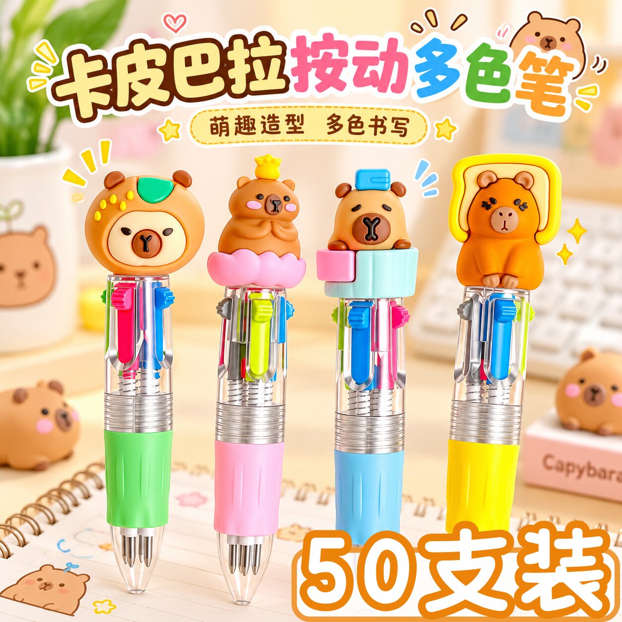小学生奖励实用小礼品卡皮巴拉迷你四色笔文具儿童创意生日伴手礼