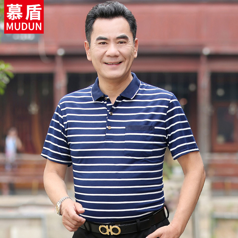 中年短袖t恤棉男40-50歲爸爸裝夏季上衣中老年人衣服寬松真口袋