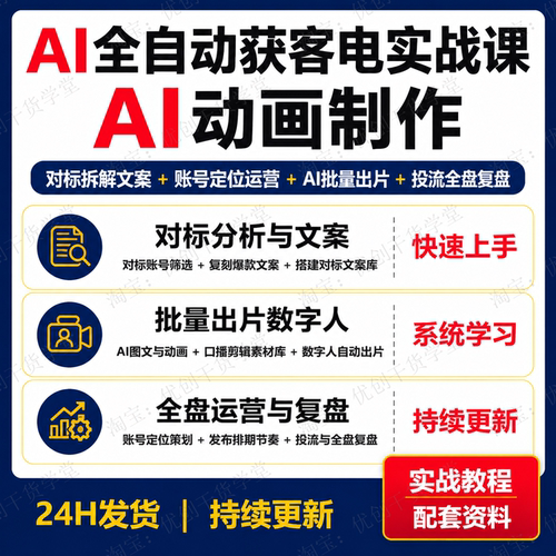 AI全自动获客电商自媒体流水线批量出片数字人提示词投流复盘教程