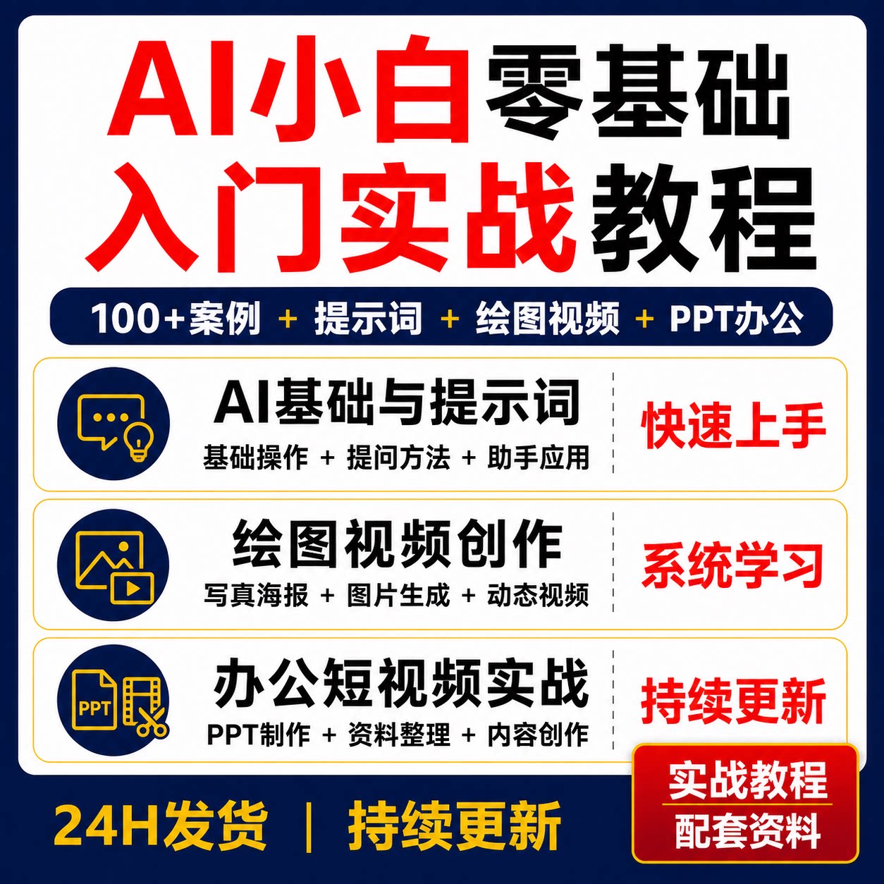 AI小白入门实战教程提示词绘图视频PPT办公短视频创作100案例