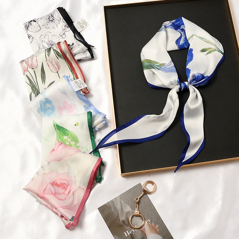 法式浪漫小丝巾细窄长条简约菱形玫瑰花洋气百搭装饰小领巾搭西装