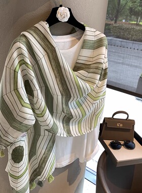 小清新条纹棉麻围巾女夏季薄款防晒出游拍照沙滩巾办公室空调披肩