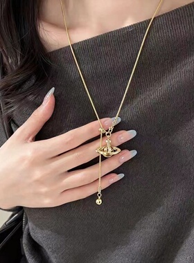 法式复古镶钻星球抽拉流苏项链甜酷辣妹欧美轻奢高级感锁骨链颈链