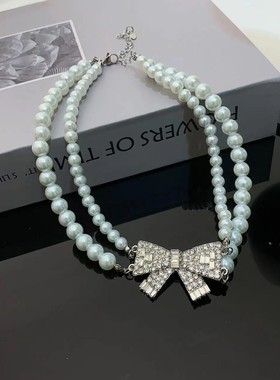名媛淑女镶钻蝴蝶结双层珍珠项链时尚优雅高级甜美少女感锁骨链女