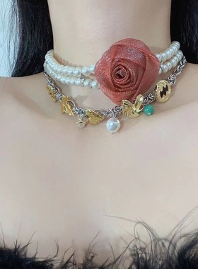 法式浪漫的珍珠玫瑰花多层项链复古轻奢重工高级甜美气质锁骨链女