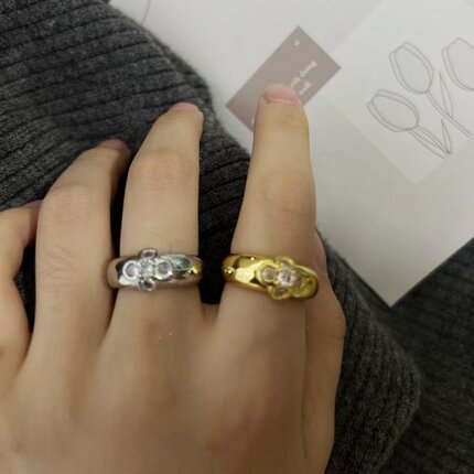 欧美花朵锆石金属亮面开口戒指女轻奢时尚气质高级小众设计手饰品