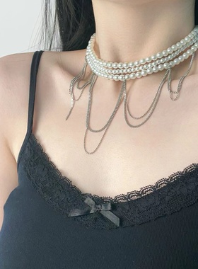 甜美淑女多层珍珠链条流苏项链法式轻奢时尚优雅气质百搭锁骨链女