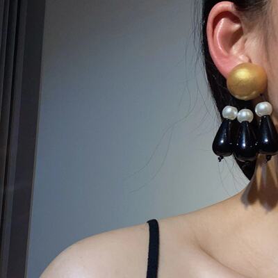 潮流设计珍珠木质水滴流苏耳环个性法式轻奢时尚高级小众耳饰新款