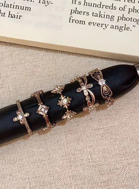 时尚轻奢锆石咖啡金花朵开口戒指复古宫廷风精致ins风小众指环戒