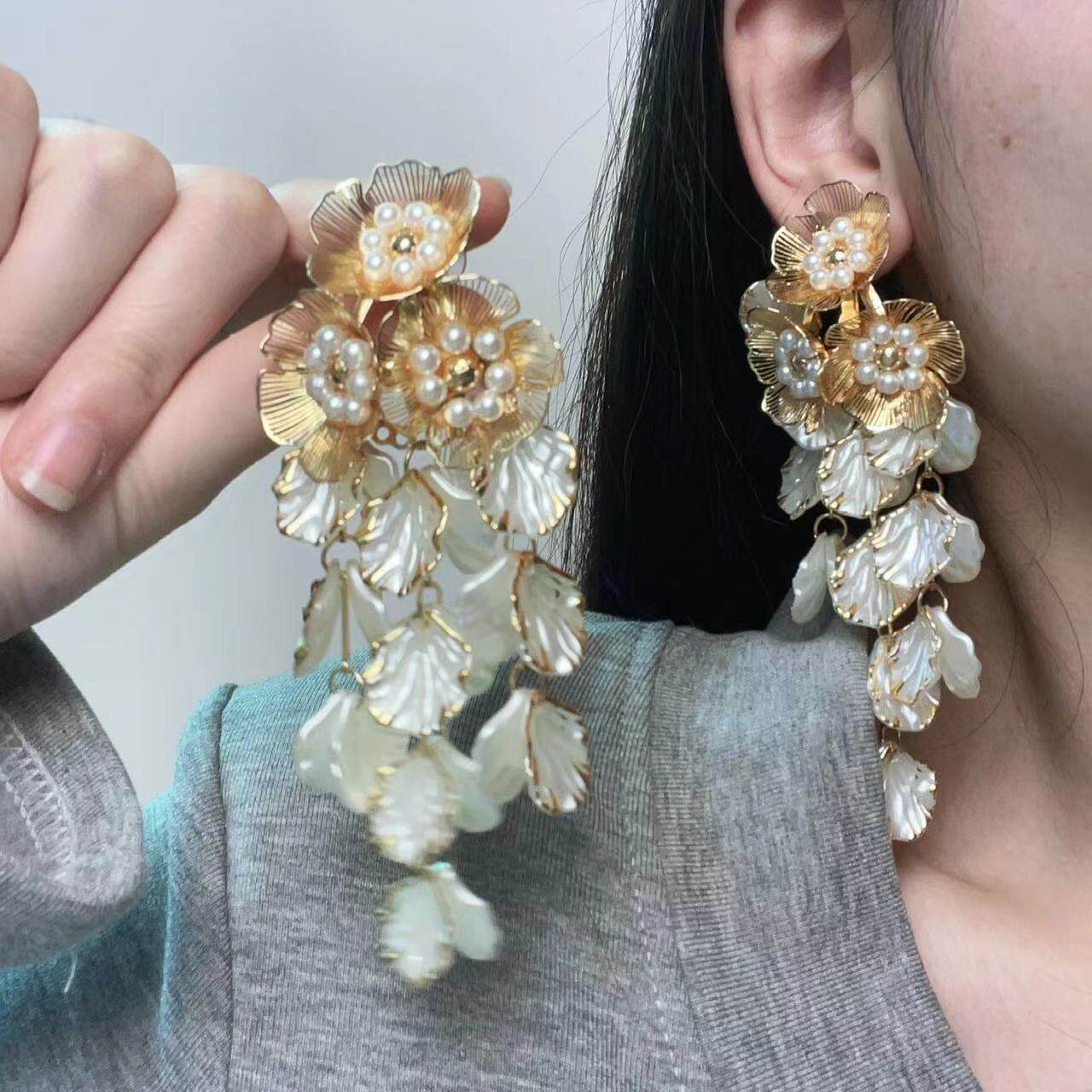 个性夸张气质珍珠花朵毛线流苏耳环甜酷辣妹欧美大气轻奢耳饰女