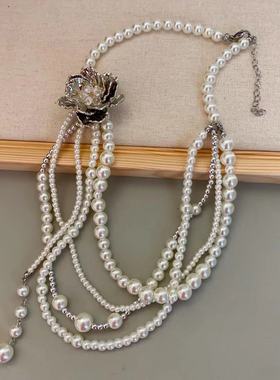 时尚金属花朵多层珍珠流苏项链优雅淑女轻奢气质ins风锁骨链新款