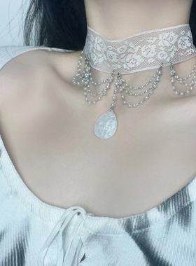 甜美淑女水滴珍珠流苏蕾丝项链时尚优雅气质轻奢高级感锁骨链新款