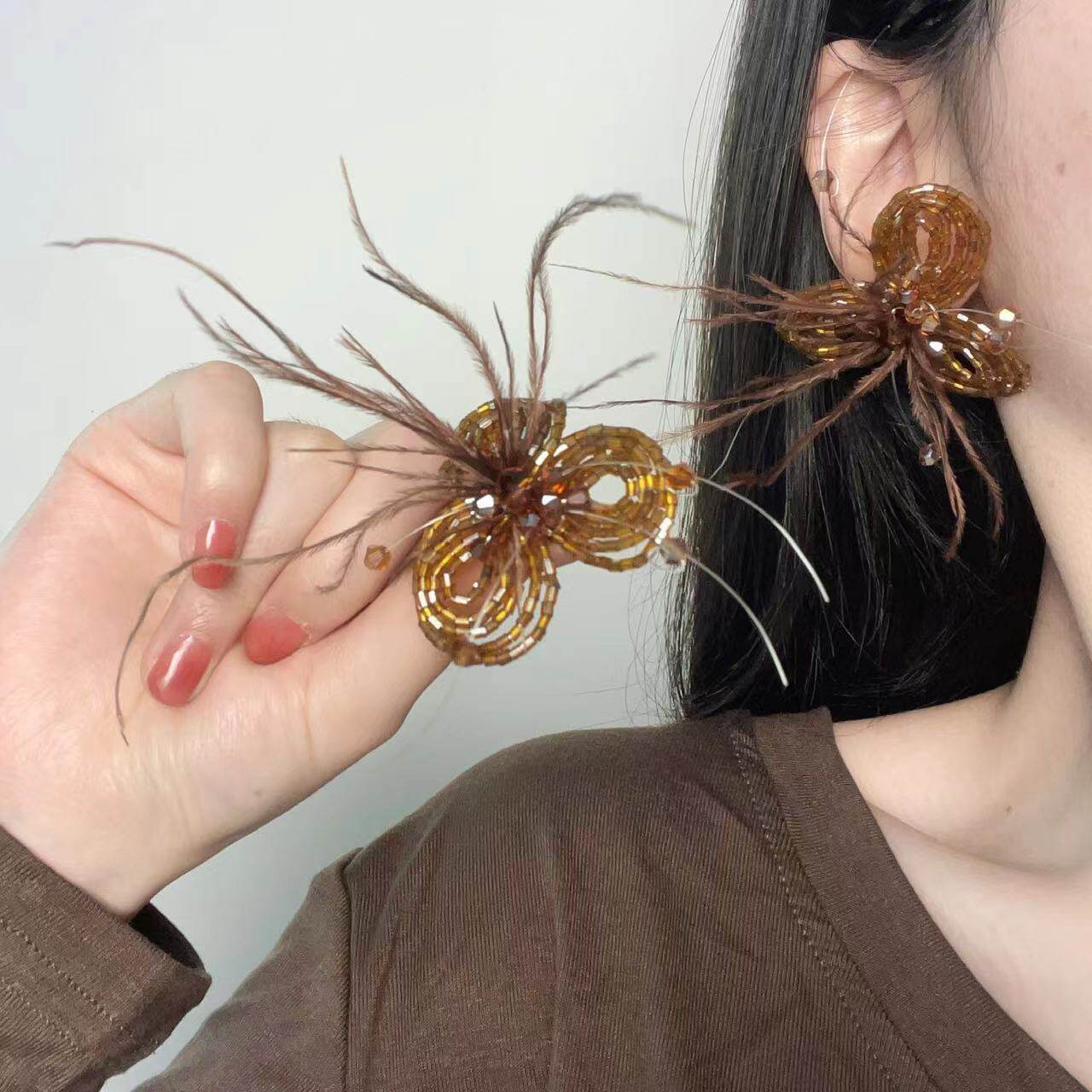 超仙小清新气质串珠花朵羽毛耳环甜美淑女复古潮流时尚小众耳饰女