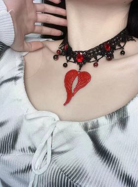 个性别致红色翅膀爱心镶钻蕾丝项链时尚欧美气质朋克风颈链锁骨链